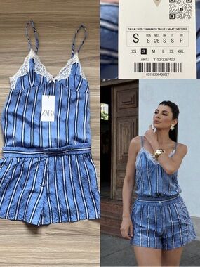 ZARA blue striped creased effect sleeveless with lace  jumpsuit